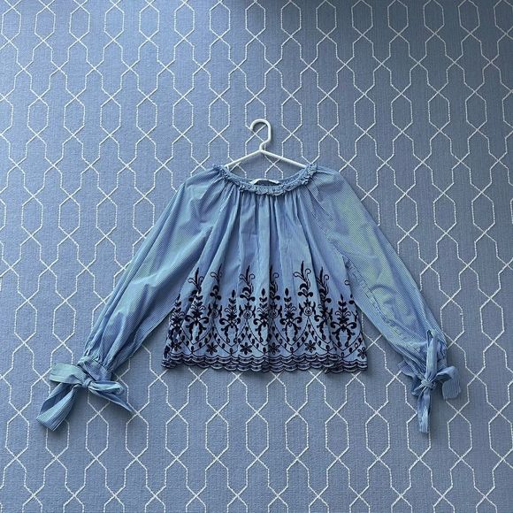 Zara Tops - Zara Trafaluc Blue Striped Eyelet Embroidered Tie Sleeve Top Blouse Size M Boho